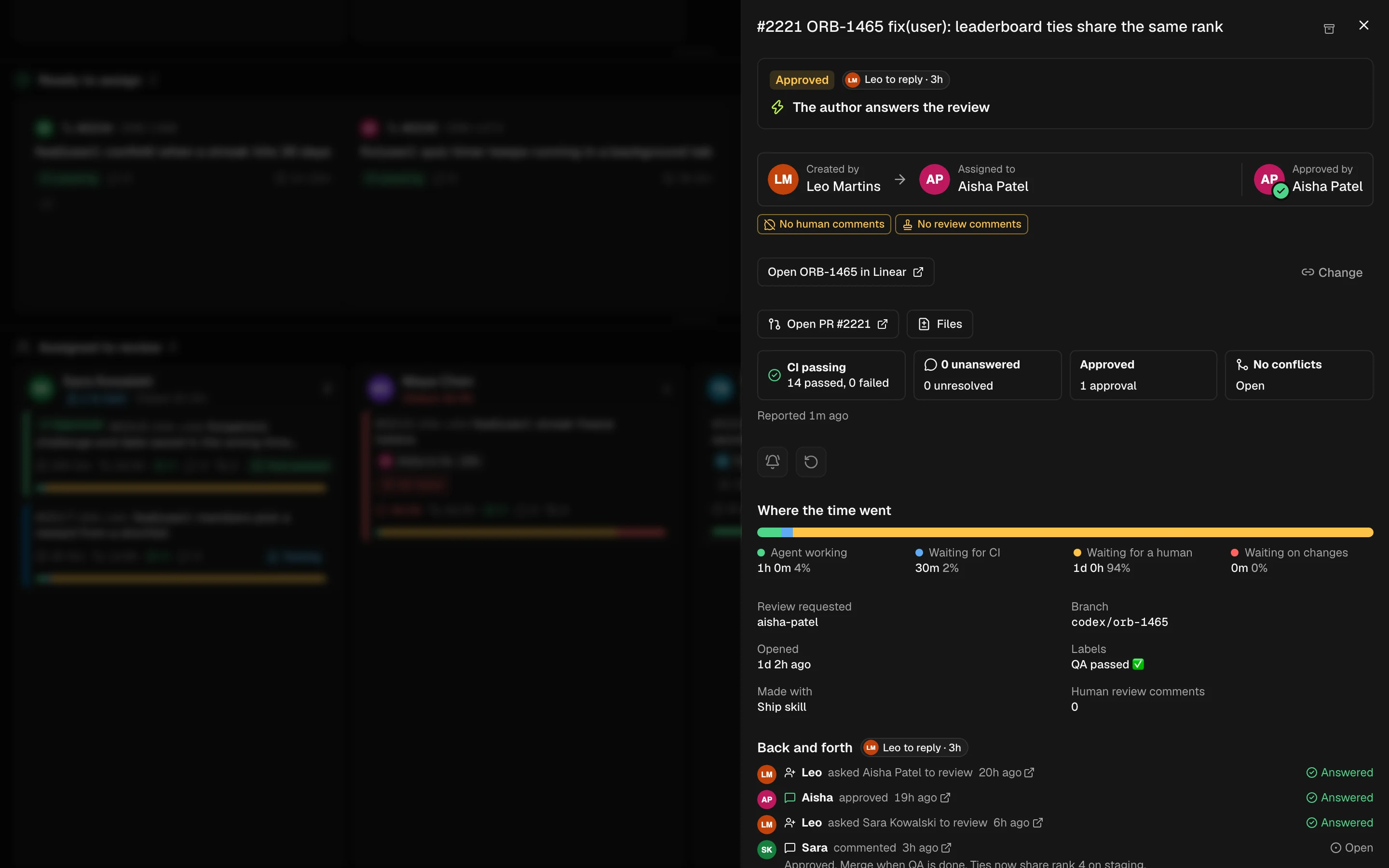 A pull request in PipeXP: whose turn it is, CI, review threads, approvals and red flags.