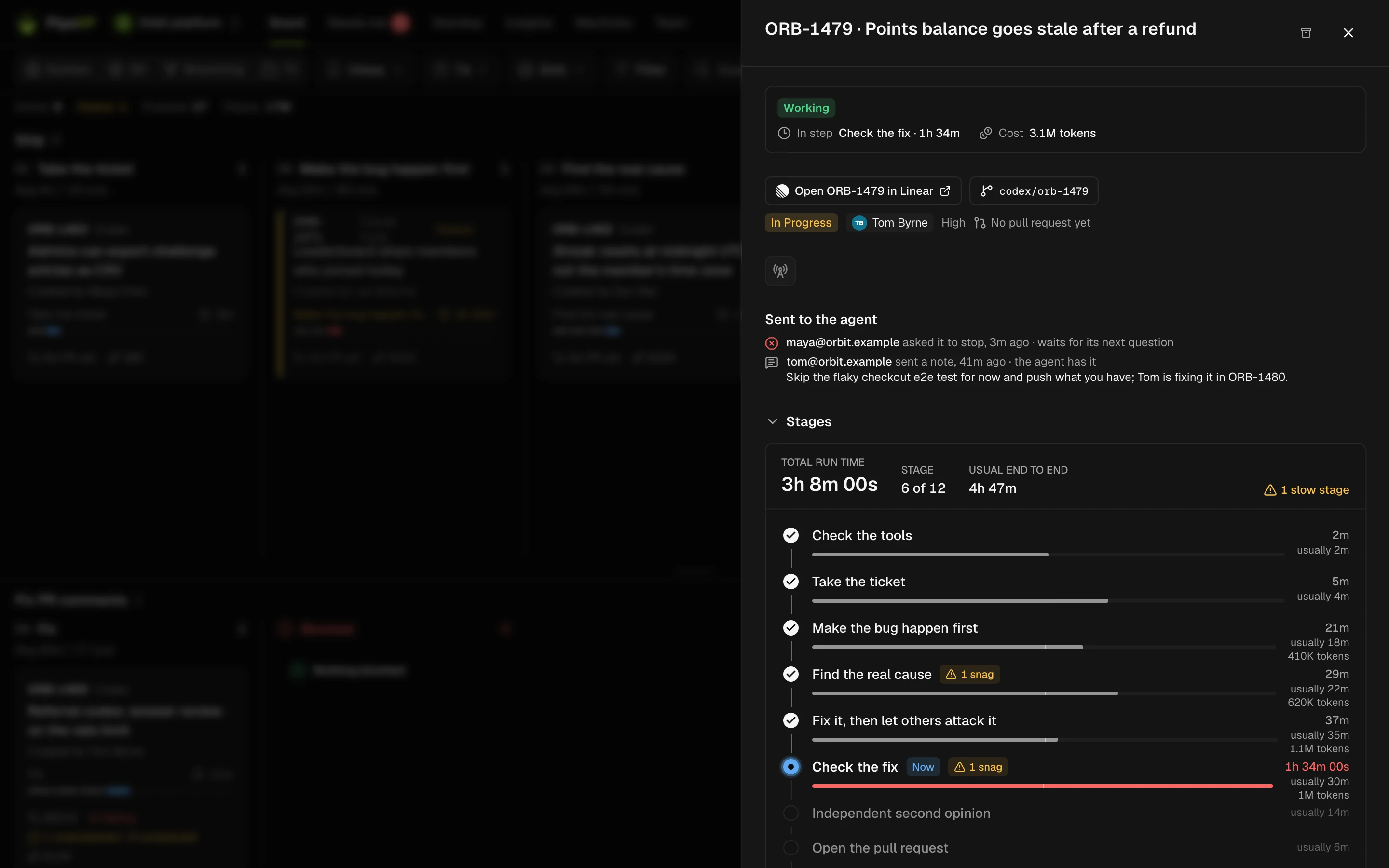 An agent run in PipeXP: ticket, links, tokens and a timeline of every step.