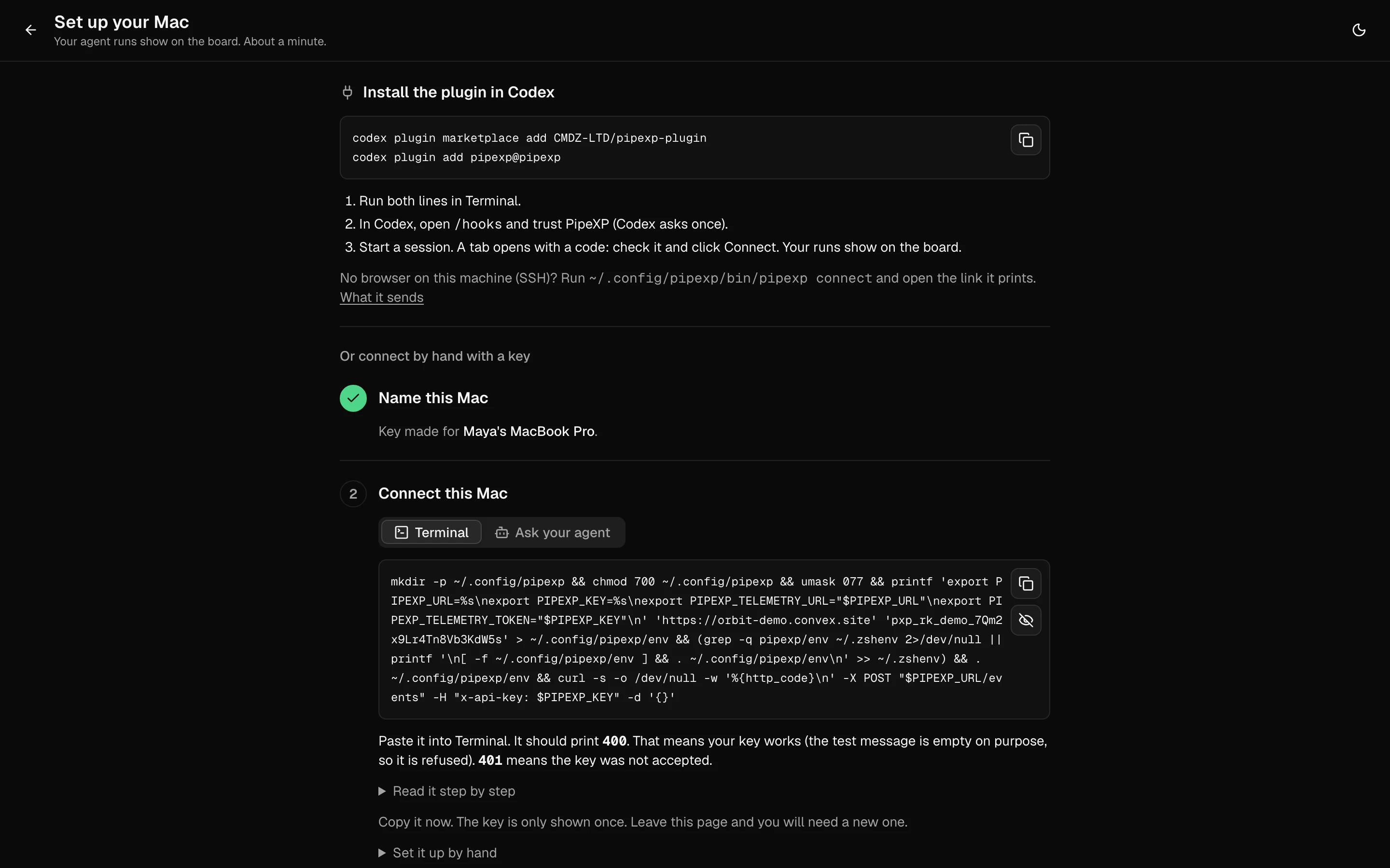 Set up your Mac: one command with a personal reporting key.