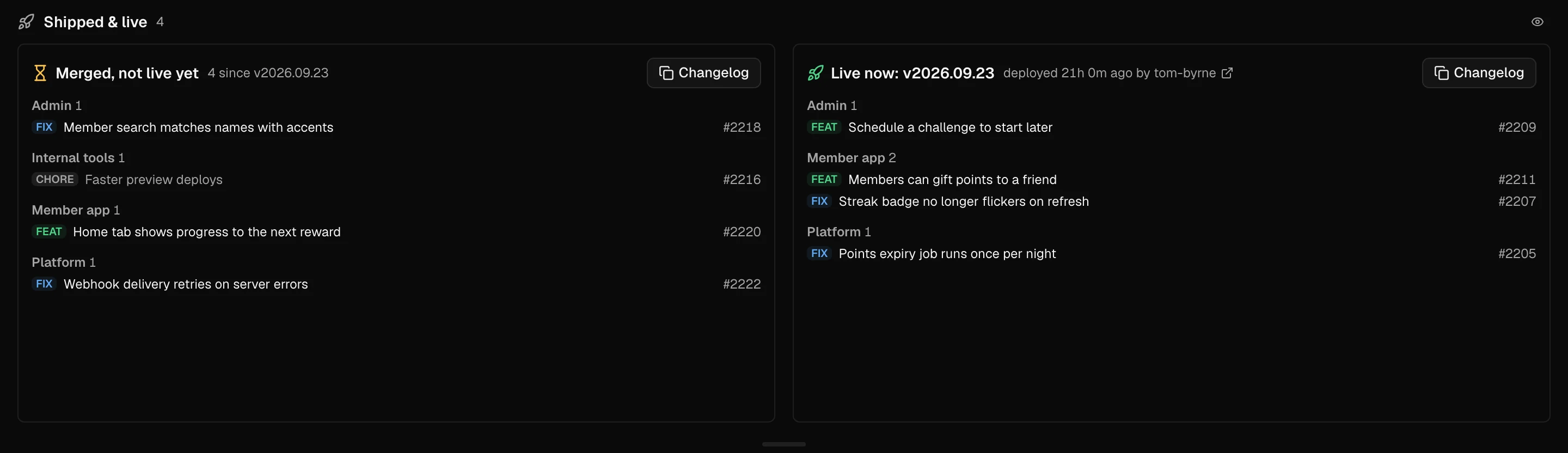 Shipped and live: what merged since the last production deploy, with a changelog to copy.